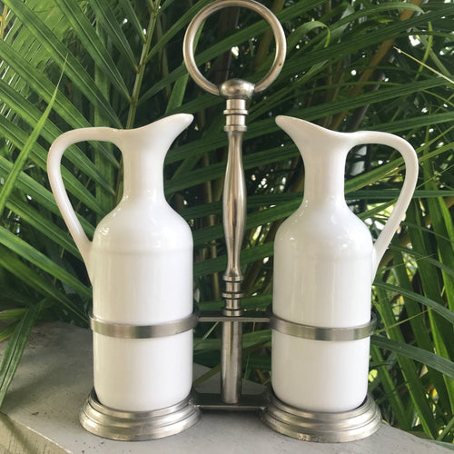 Vintage Cruet Set Oil & Vinegar White Ceramic Pewter Stand - OOAK - Phoenix Menswear
