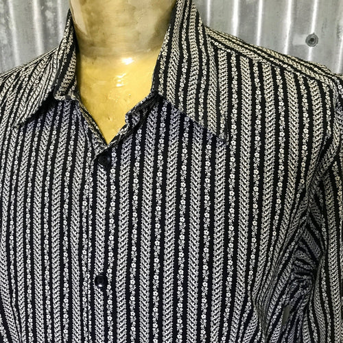 Vintage Deadstock 1970's Cotton L/S Shirt Black & White Floral stripe Sz L - OOAK - Phoenix Menswear