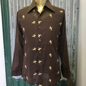 Vintage Deadstock 1970's Cotton L/S Shirt Brown Embroidered Horseman Sz M - OOAK - Phoenix Menswear