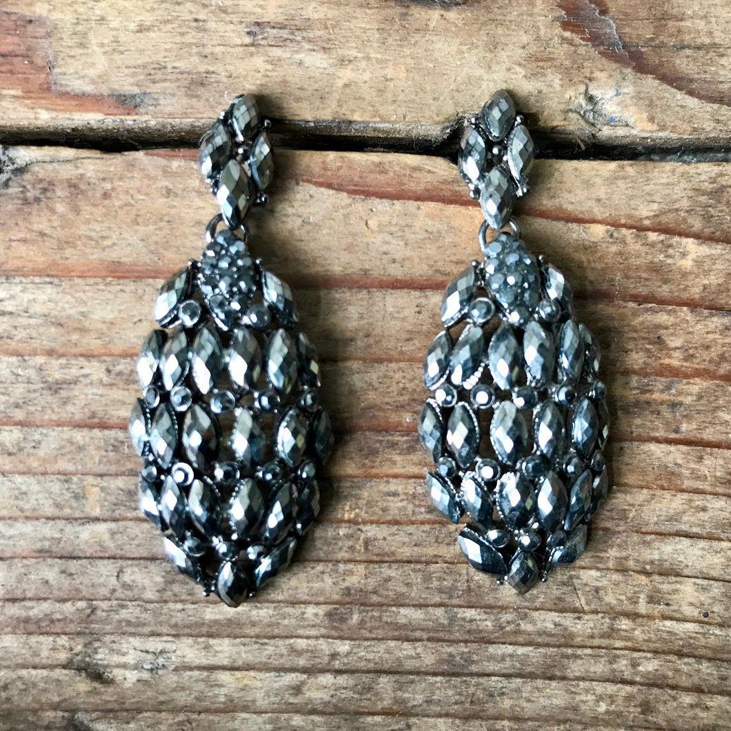 Vintage Diamante Earrings Grey Silver Oval Boxed - OOAK - Phoenix Menswear