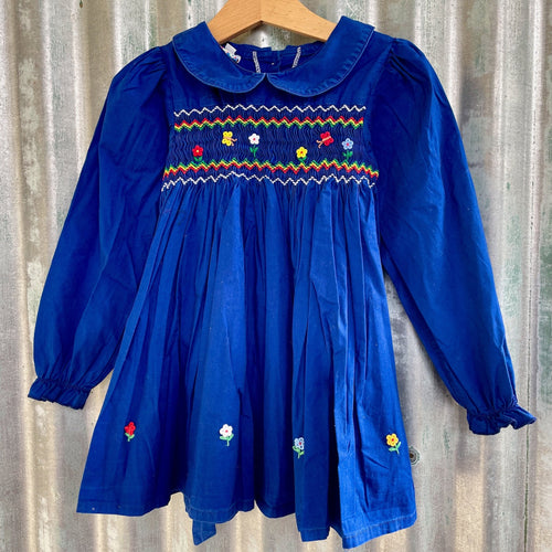 Vintage Girls Smocked Embroidered Blue Short Dress Long Sleeves Sz 24 Months - OOAK - Phoenix Menswear
