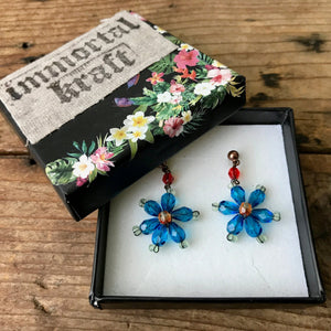 Vintage Glass Beaded Earrings Daisy Flowers Blue Orange Boxed - OOAK - Phoenix Menswear