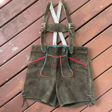 Load image into Gallery viewer, Vintage Kid&#39;s Brown Suede Lederhosen Orange Trim Overalls - OOAK - Phoenix Menswear