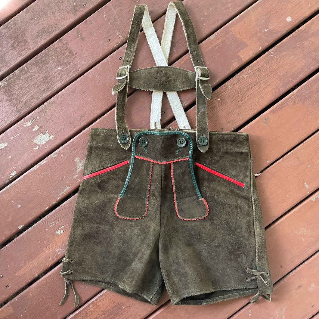 Vintage Kid's Brown Suede Lederhosen Orange Trim Overalls - OOAK - Phoenix Menswear