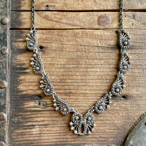 Vintage Ornate Silver Metal Necklace Choker Chain Floral Classic Paisley - OOAK - Phoenix Menswear