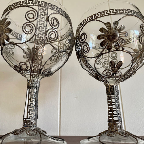 Vintage Pair Filigree Wine Glasses Set of 2 Silver Ornate - OOAK - Phoenix Menswear