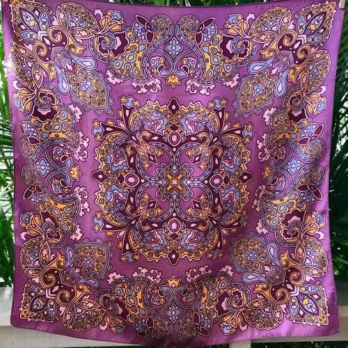 Vintage Silk Scarf Purple Retro Design - Square - OOAK - Phoenix Menswear