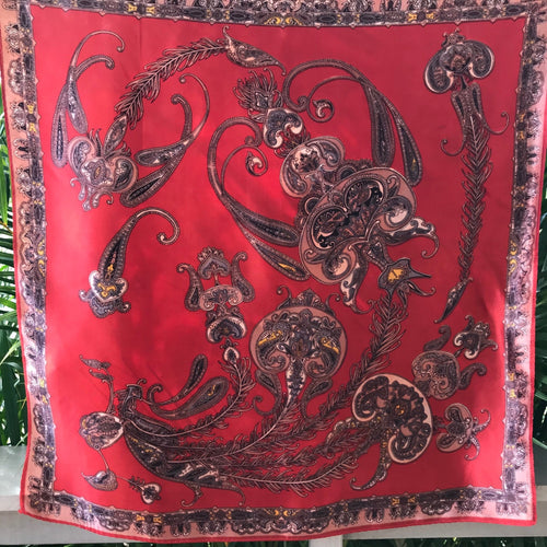 Vintage Silk Scarf Red Jellyfish Design - Square - OOAK - Phoenix Menswear