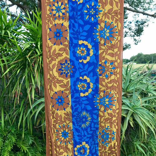Vintage Silk Scarf 'Vera' Blue Brown Floral - Oblong - OOAK - Phoenix Menswear