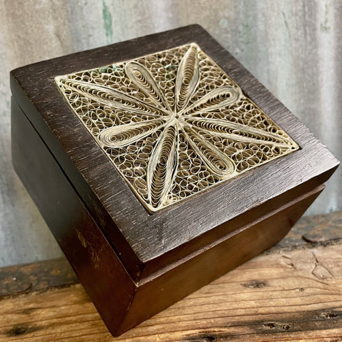 Vintage Square Filigree and Wood Little Box Silver Brown - OOAK - Phoenix Menswear