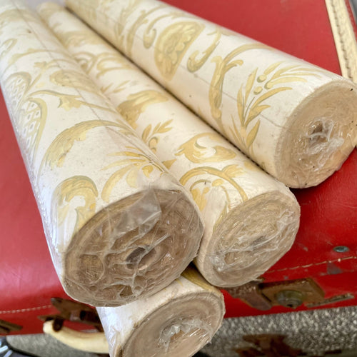 Vintage Wall Paper 4 Rolls Classic Yellow Gold Design on White Made in USA 40m Total - OOAK - Phoenix Menswear