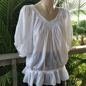 Vintage White Cotton S/S Peasant Top Sz L - OOAK - Phoenix Menswear