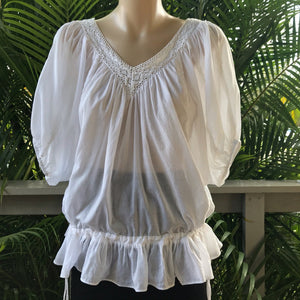 Vintage White Cotton S/S Peasant Top Sz L - OOAK - Phoenix Menswear