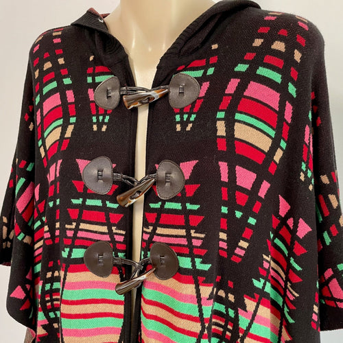 Vintage Women's Cotton Jumper Poncho Cape Stripe Hooded Black Green Red Sz M / L - OOAK - Phoenix Menswear