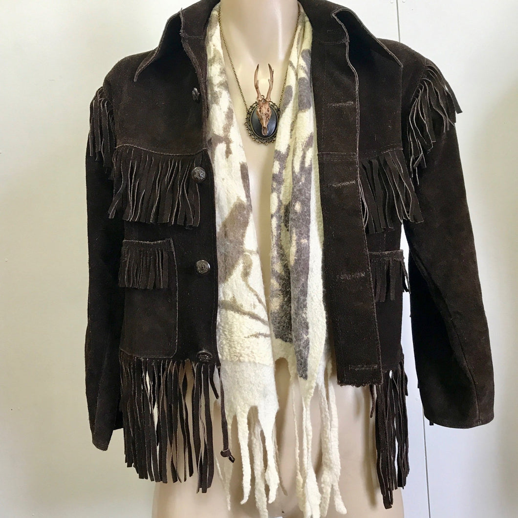 Vintage Women's / Kid's Brown Suede Fringed Jacket Heavy Soft Sz XS - OOAK - Phoenix Menswear
