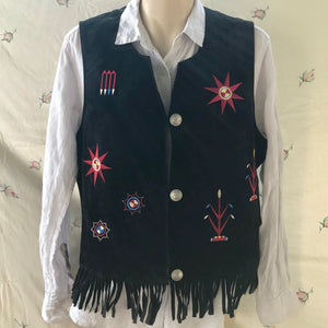 Vintage Women's Suede Vest Black Embroidered Fringed Soft Sz XL - OOAK - Phoenix Menswear
