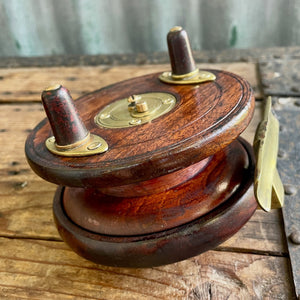 Vintage Wooden Brass Fishing Reel with Two Handles Rustic Wood