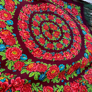 Vintage Wool Square Floral Shawl Scarf Fringed Burgundy Pink Blue - OOAK - Phoenix Menswear