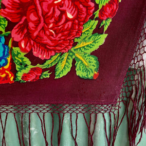 Vintage Wool Square Floral Shawl Scarf Fringed Burgundy Pink Blue - OOAK - Phoenix Menswear