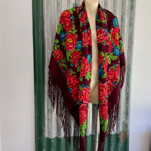 Vintage Wool Square Floral Shawl Scarf Fringed Burgundy Pink Blue - OOAK - Phoenix Menswear