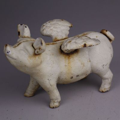 White Flying Pig Coin Bank - Cast Iron - Phoenix Menswear