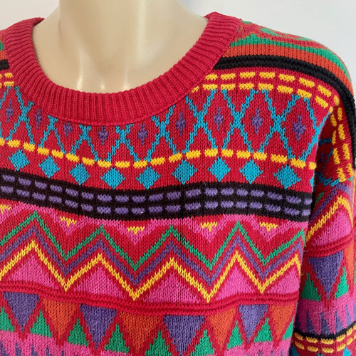 Women's 1980's Vintage Knit Cotton Jumper Purple Green Red Stripe Zig Zag Sz S - OOAK - Phoenix Menswear