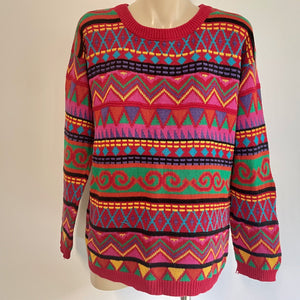 Women s 1980 s Vintage Knit Cotton Jumper Purple Green Red Stripe