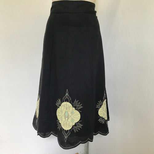 Women's Black Linen 'Colorado' A-Line Midi Skirt with Embroidered Detail Sz 12 - OOAK - Phoenix Menswear