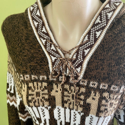 Women's Funky Retro Brown White Hoodie Knit Jumper Aztec Design Llamas Sz S - OOAK - Phoenix Menswear