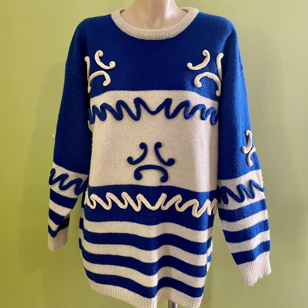 Women's Funky Wool Retro Vintage Blue White Jumper Abstract Mod Design Sz M - OOAK - Phoenix Menswear