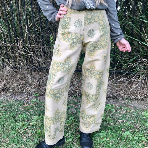Women's Handmade Vintage Tapestry Fabric Pants in Cream and Green Sz M - OOAK - Phoenix Menswear