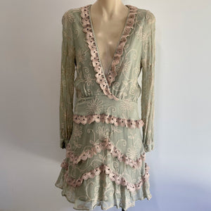 Women's L/S Stevie May Short Dress Green Embroidered Lace Sz XS - OOAK - Phoenix Menswear