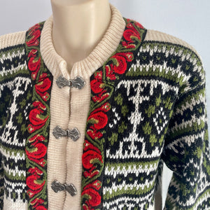 Women's Norwegian Aran Cardigan Jumper Cream Green Red Floral Wool Sz M - OOAK - Phoenix Menswear