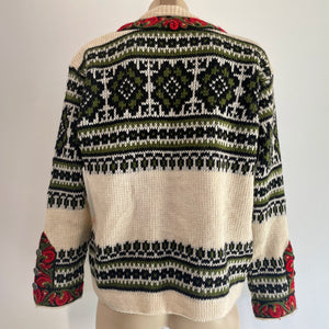 Women's Norwegian Aran Cardigan Jumper Cream Green Red Floral Wool Sz M - OOAK - Phoenix Menswear