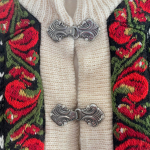 Women's Norwegian Aran Cardigan Jumper Cream Green Red Floral Wool Sz M - OOAK - Phoenix Menswear