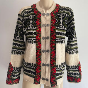 Women's Norwegian Aran Cardigan Jumper Cream Green Red Floral Wool Sz M - OOAK - Phoenix Menswear