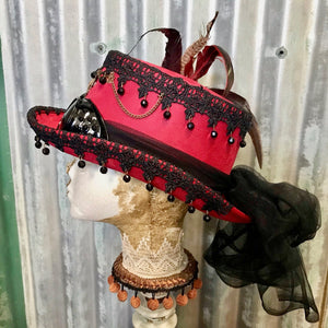 Women's Steampunk Red Top Hat Lace Feathers Beads - Phoenix Menswear