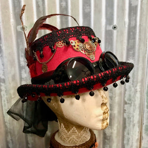 Women's Steampunk Red Top Hat Lace Feathers Beads - Phoenix Menswear