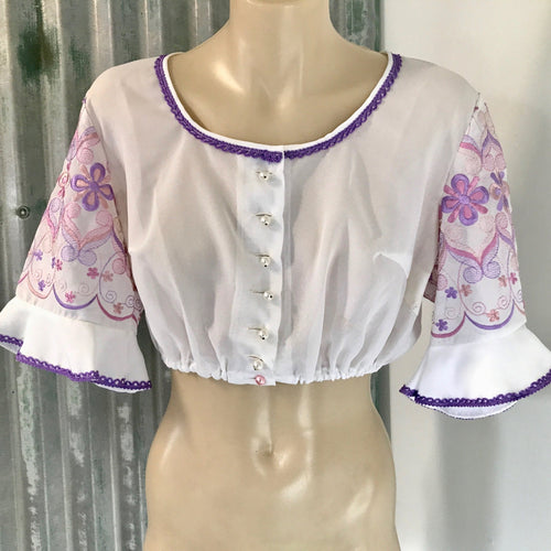 Women's Vintage Embroidered Crop Top White with Pink Purple Floral Embroidery Sz L - OOAK - Phoenix Menswear