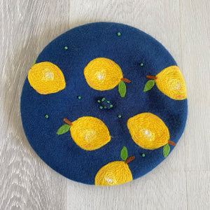 Wool Beret - Blue with Lemons Hand Felted - Phoenix Menswear